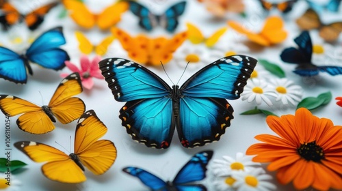 Colorful butterflies and vibrant flowers on a white background. photo