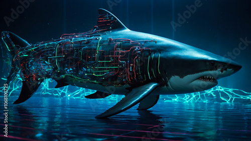 Wallpaper Mural Great White shark while coming to you on deep blue ocean background Torontodigital.ca