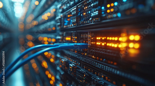 connecting an internet cable, symbolizing connectivity, data flow, and global communication. This image reflects modern technology linking networks across the world