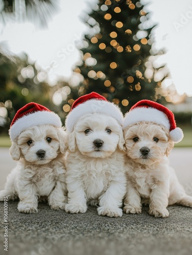 Three puppies wearing Santa hats in front of a Christmas tree. AI.