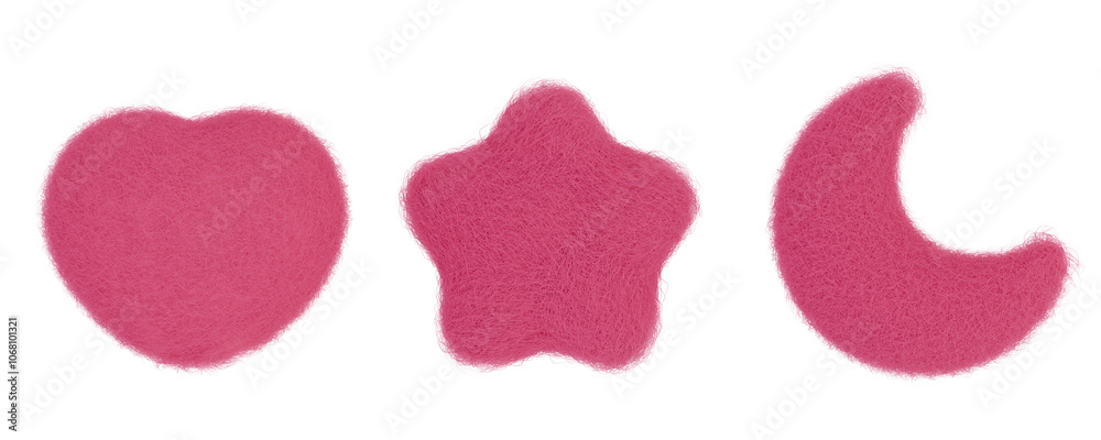 3D Icons, Vivid Pink Wool Felt Textured Heart, Star and Moon, Shape Set, Aesthetic Icons, Warm and Cozy, Christmas Icon 3D Icons, Vivid Pink Wool Felt Textured Heart, Star and Moon, Shape Set, Aesthetic Icons, Warm and Cozy, Christmas Icon