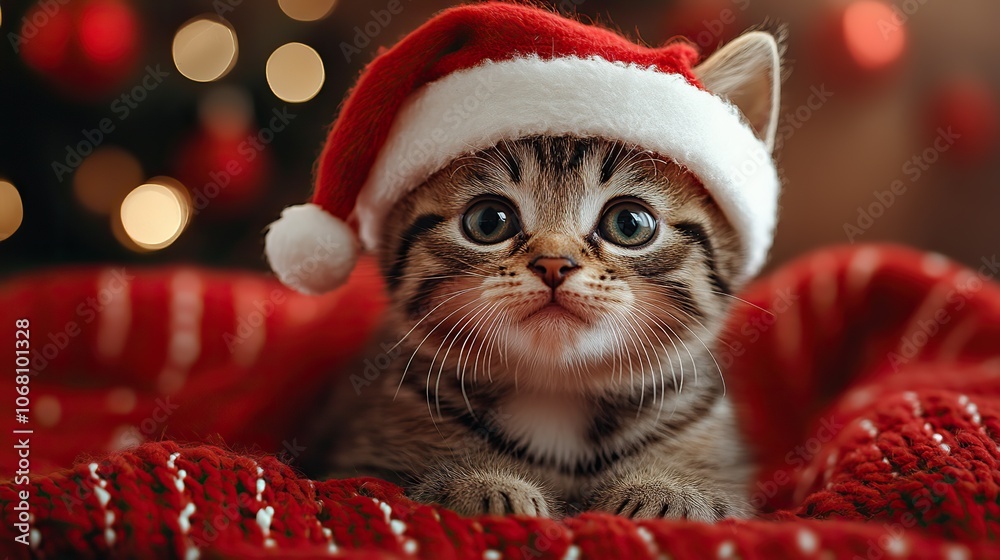 A kitten wearing a Santa hat sits against a red background, symbolizing festive celebrations, making it perfect for holiday-themed banners for pet shops. A kitten wearing a Santa hat sits against a red background, symbolizing festive celebrations, making it perfect for holiday-themed banners for pet shops.