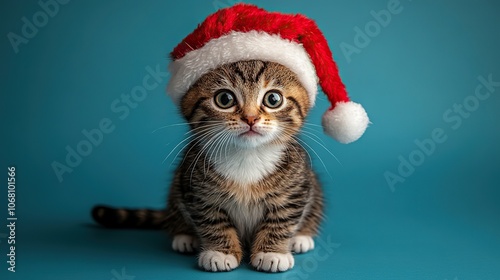 A kitten with a Santa hat sitting on a blue background represents Christmas and New Year celebrations, perfect for holiday-themed greeting cards.