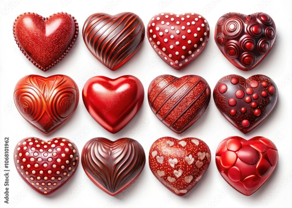 Shiny Red Heart-Shaped Chocolates in Various Designs for Valentine's Day Treats and Gifts Shiny Red Heart-Shaped Chocolates in Various Designs for Valentine's Day Treats and Gifts