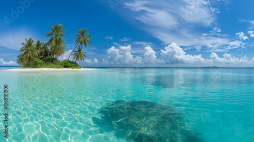 a tropical island beach with clear turquoise water