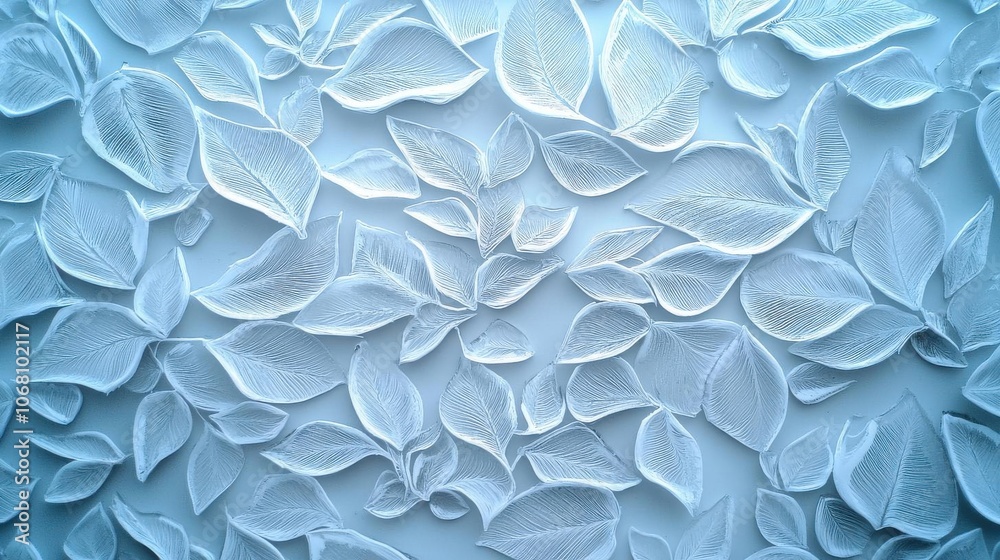 Delicate white petals layered artistically on a soft blue background.