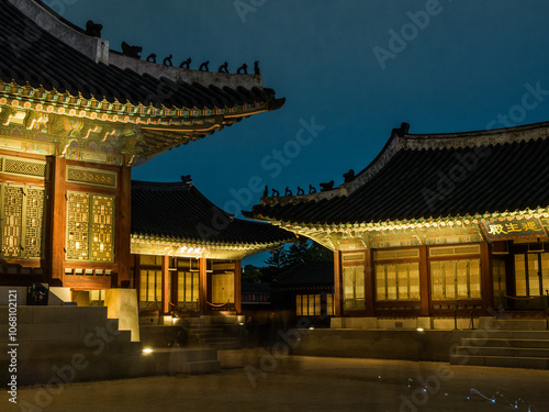 Seoul, South Korea - October.25.2024: The architecture of Gyeongbokgung Palace in the night
