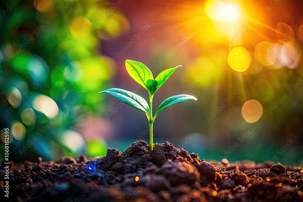 Small Green Plant Sprouting from Dark Soil with Vibrant Blurred Background - Nature, Growth, Macro, Freshness, Greenery, Agriculture, Natural Small Green Plant Sprouting from Dark Soil with Vibrant Blurred Background - Nature, Growth, Macro, Freshness, Greenery, Agriculture, Natural