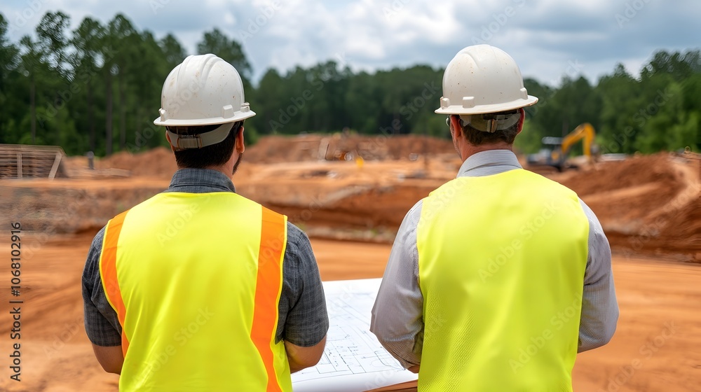 Two construction engineers in safety vests examining a blueprint spread out on a table with a construction site in the background planning and collaborating on an infrastructure development project Two construction engineers in safety vests examining a blueprint spread out on a table with a construction site in the background planning and collaborating on an infrastructure development project