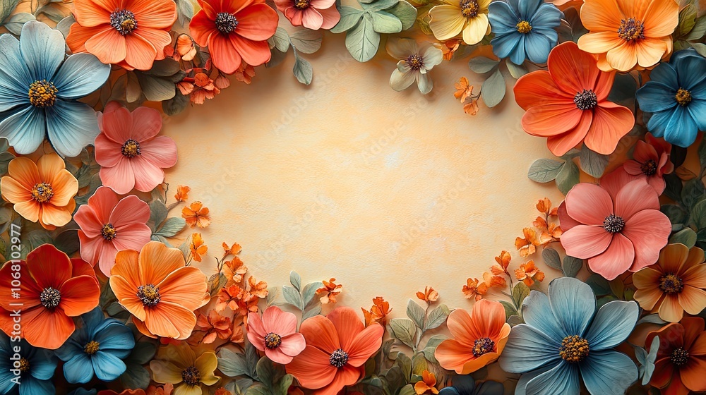 A light orange background with vibrant flowers framing a greeting card for Mother’s or Valentine’s Day. A light orange background with vibrant flowers framing a greeting card for Mother’s or Valentine’s Day.
