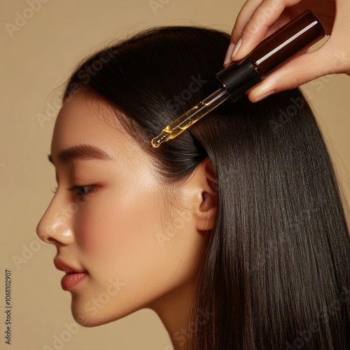 Luscious Asian woman applying hair serum with dropper, showcasing healthy hair. warm background enhances beauty of her smooth skin and shiny hair