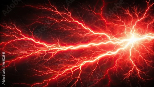 Electric red lightning striking with powerful effect in a long shot view, electric, red, lightning, striking, powerful