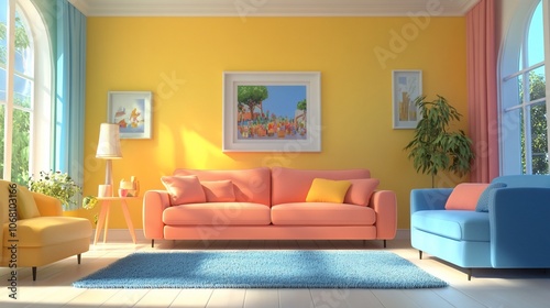 Modern living room with yellow  pink  and blue furniture and decor.