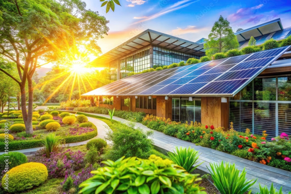 Solar-Powered Community Center with Bokeh Effect, Eco-Friendly Architecture, Sustainable Design, Green Energy, Community Engagement,