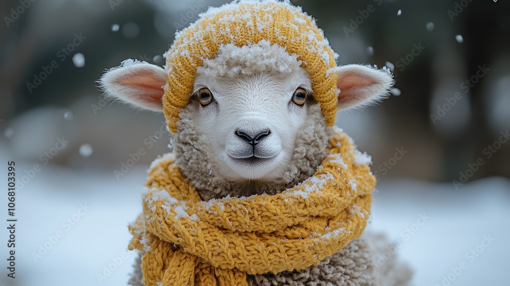 A little sheep, wearing a yellow scarf and hat, stands in the snow, providing a charming and cozy winter animal scene for cards. A little sheep, wearing a yellow scarf and hat, stands in the snow, providing a charming and cozy winter animal scene for cards.