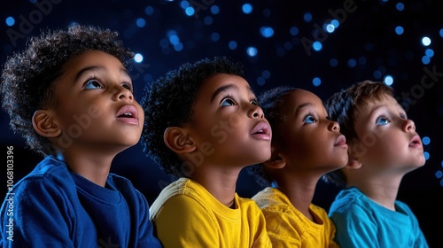 Children gazing at stars, wonder and innocence captured in a night sky.