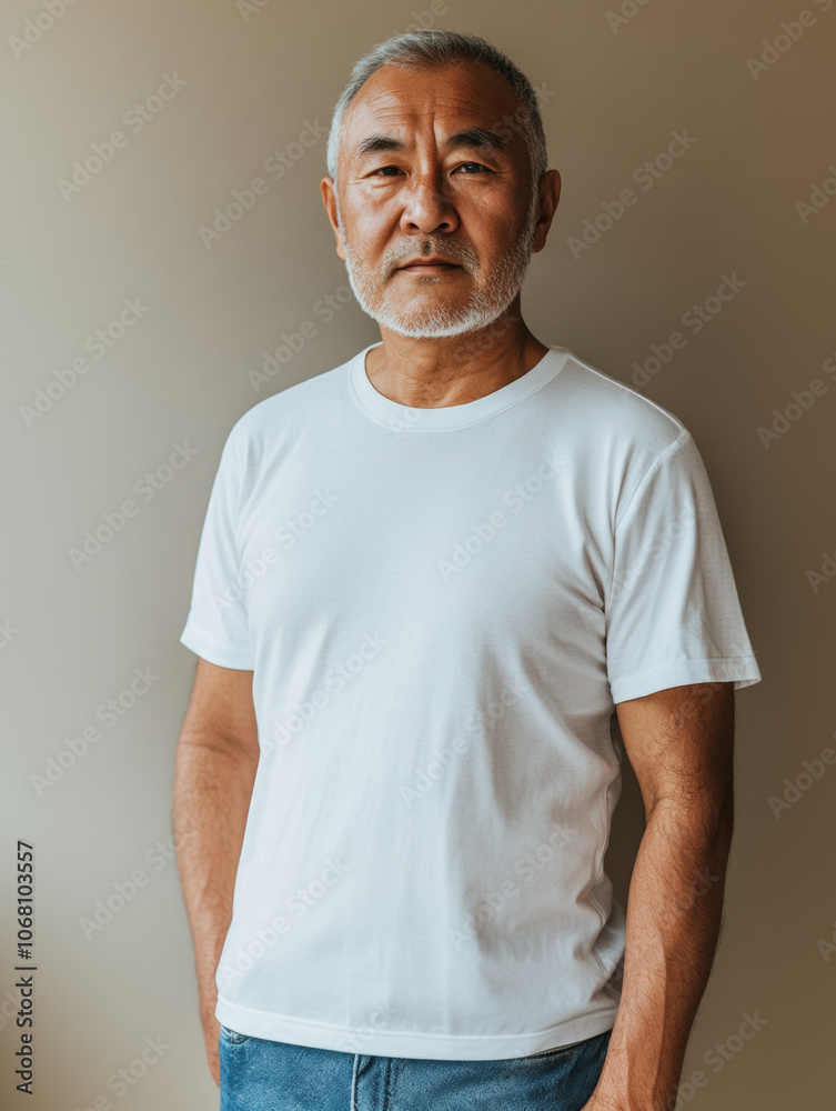 Older Mongolian male wearing plain white t shirt, standing confidently against neutral background. His expression reflects wisdom and experience Older Mongolian male wearing plain white t shirt, standing confidently against neutral background. His expression reflects wisdom and experience