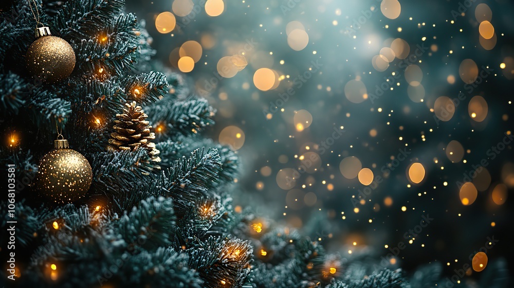 A luxurious Christmas backdrop in dark green, enhanced by the golden sparkle of blurred lights, making it a versatile design for various festive occasions, including New Year's or birthdays. A luxurious Christmas backdrop in dark green, enhanced by the golden sparkle of blurred lights, making it a versatile design for various festive occasions, including New Year's or birthdays.