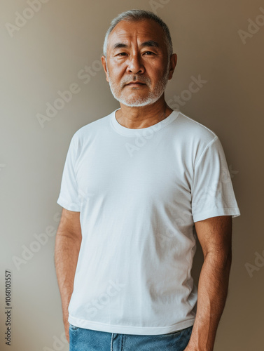 Older Mongolian male wearing plain white t shirt, standing confidently against neutral background. His expression reflects wisdom and experience