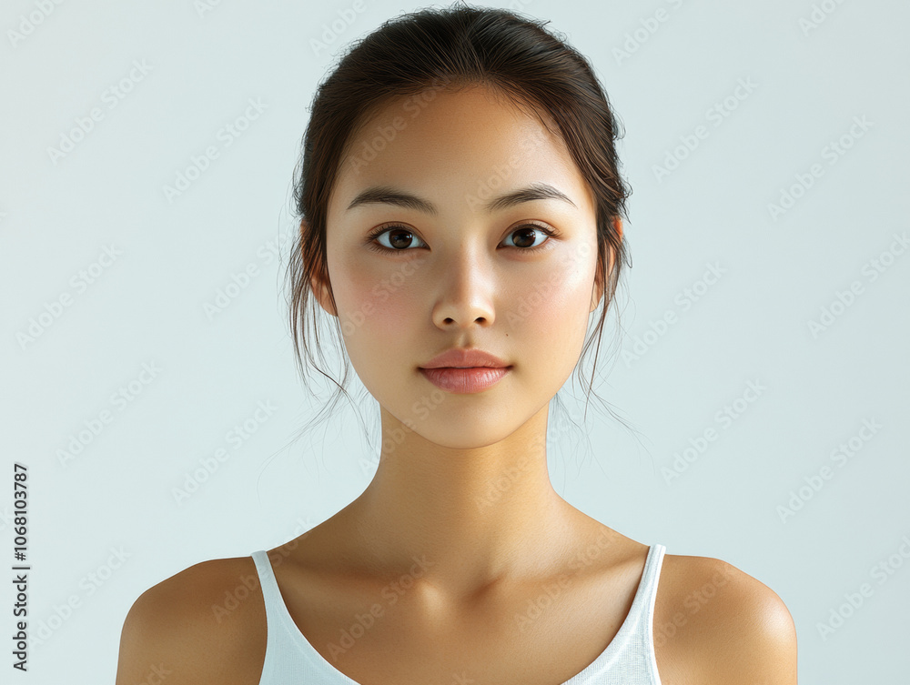 hyper realistic portrait of Asian woman with serene expression, showcasing her natural beauty and smooth skin. soft lighting enhances her features beautifully hyper realistic portrait of Asian woman with serene expression, showcasing her natural beauty and smooth skin. soft lighting enhances her features beautifully