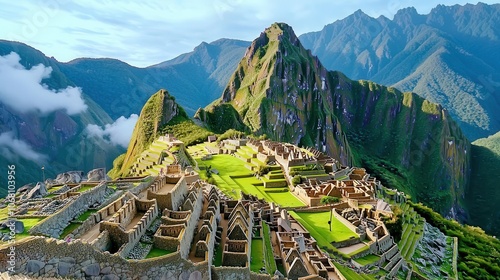 Aerial view of Machu Picchu ruins surrounded by majestic mountains. photo