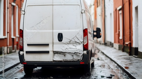 Car Rear Ends Delivery Van in Narrow Alley Smashing Open Van Doors and Causing Damage and Debris Scattered on the Street  Aftermath of a Transportation Accident in an Urban Setting