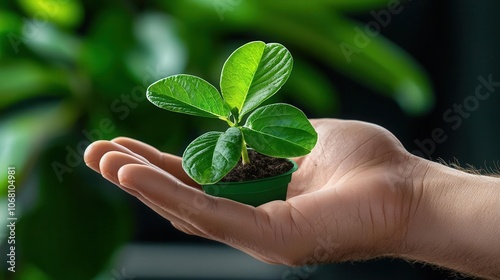 Hand holding a small green plant in a pot.