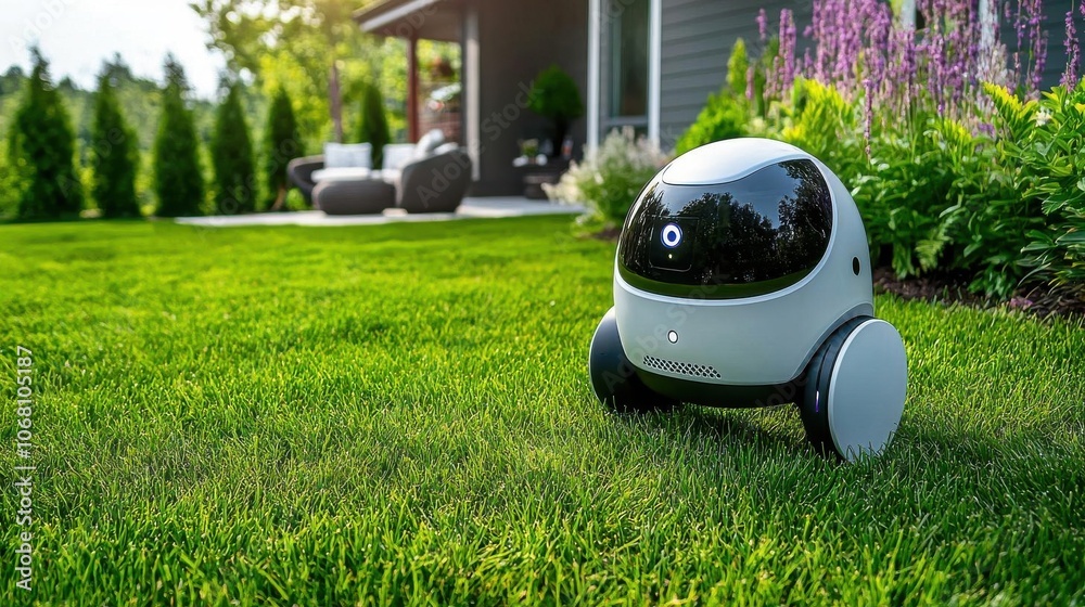 Robotic lawn mower navigating a green garden on a sunny day. Robotic lawn mower navigating a green garden on a sunny day.