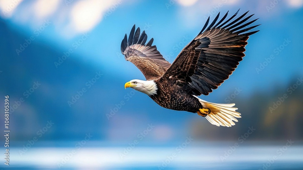 Eagle soaring through the sky over a scenic landscape. Eagle soaring through the sky over a scenic landscape.