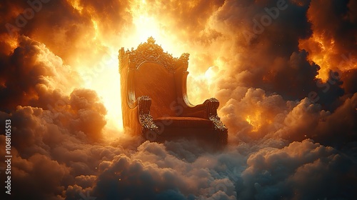 A majestic golden throne in the clouds, surrounded by divine light, symbolizing the second coming of Christ, ideal for religious artwork or spiritual designs. photo