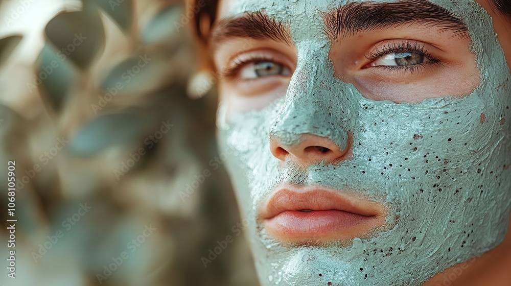 A man with a mud mask or moisturizing cream on a beige background symbolizes skincare and beauty treatments, making it ideal for wellness banners. A man with a mud mask or moisturizing cream on a beige background symbolizes skincare and beauty treatments, making it ideal for wellness banners.