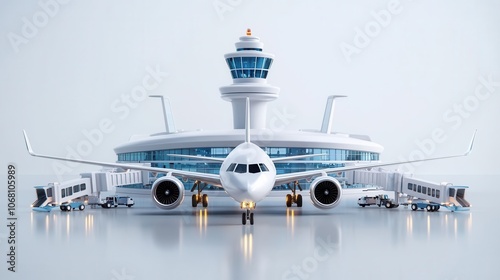 Airport terminal with an airplane and control tower on a white isolated background. photo