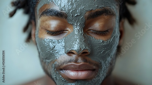 A man with clay mud on a white background symbolizes beauty and spa treatments, making it perfect for wellness banners for natural cosmetics. photo