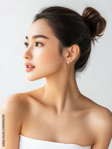 profile portrait of Asian woman with bun hairstyle, showcasing natural beauty and elegance. Her skin is flawless, and she has serene expression