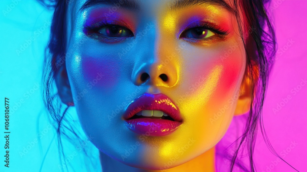 High-fashion Asian model in a bold and fluorescent style, reflecting vibrant trends High-fashion Asian model in a bold and fluorescent style, reflecting vibrant trends