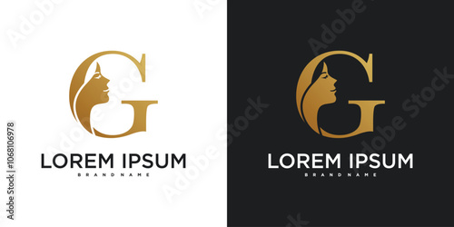 Initial letter G monogram logo design and silhouette of a woman's face. Premium Vector
