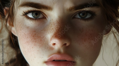 Close-up of a young woman with freckles, expressing worry or guilt in a realistic depiction