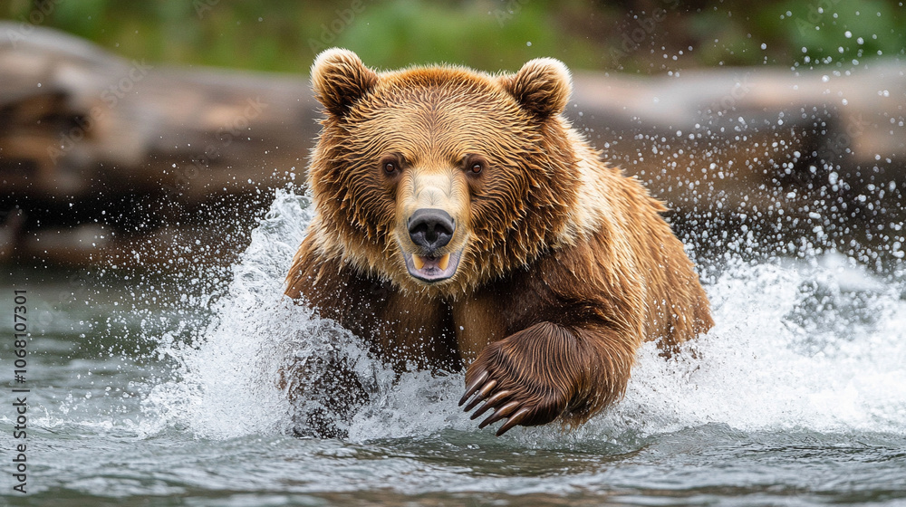 powerful brown bear roars directly at the camera, expressing strength, dominance, and raw nature in a stark, empty setting. The intense gaze and open mouth symbolize survival and wild resilience powerful brown bear roars directly at the camera, expressing strength, dominance, and raw nature in a stark, empty setting. The intense gaze and open mouth symbolize survival and wild resilience