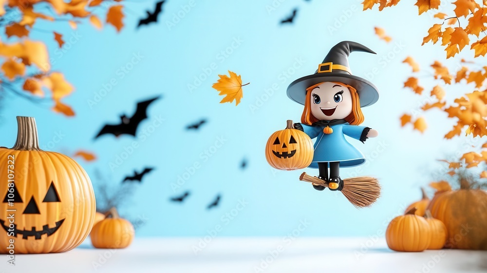 A playful witch flying on a broomstick with pumpkins and bats, set against a vibrant blue background. A playful witch flying on a broomstick with pumpkins and bats, set against a vibrant blue background.