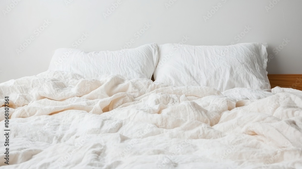 A neatly made bed with white linens and pillows, creating a serene atmosphere. A neatly made bed with white linens and pillows, creating a serene atmosphere.