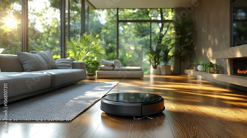 A modern robotic vacuum cleaner operating in a bright, minimalist living room, promoting smart cleaning technology for homes, ideal for ads or banners related to home appliances.