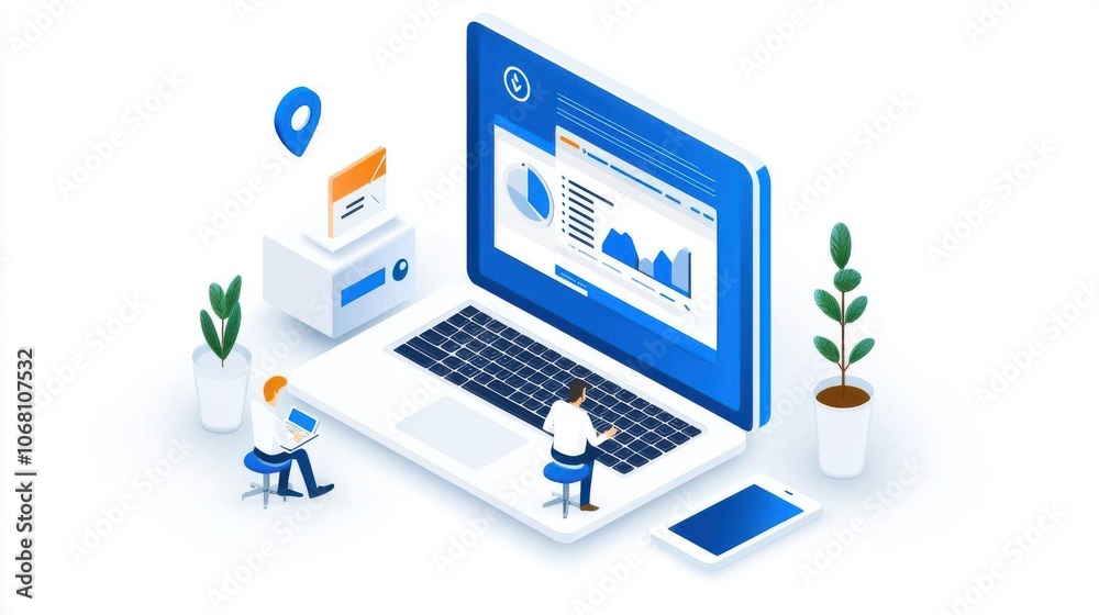 Illustration of teamwork and data analysis with laptops and plants. Illustration of teamwork and data analysis with laptops and plants.