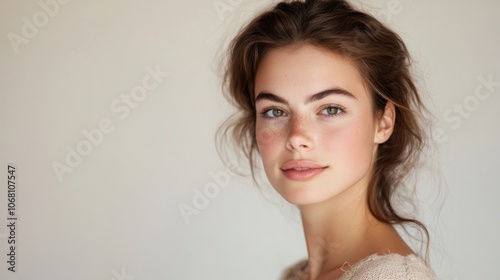 Studio portrait of a young woman with perfect skin and a gentle expression