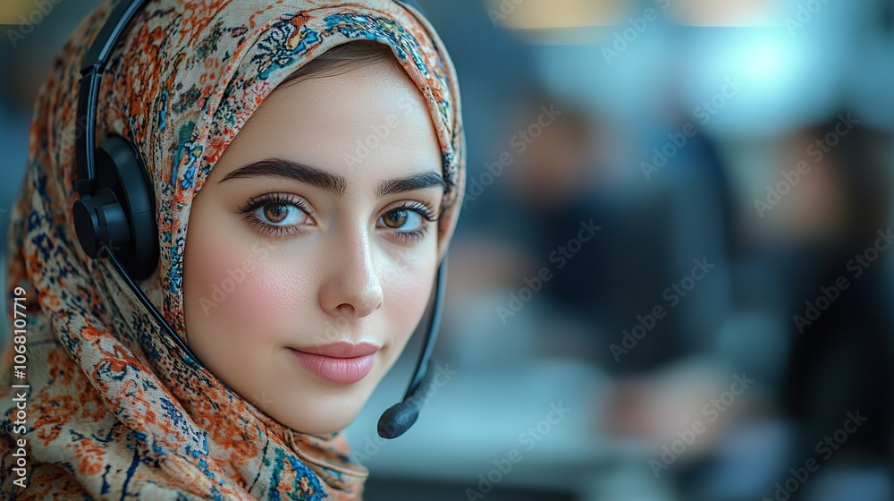 A Muslim woman in a hijab working in a call center, helping clients with a headset in a professional office environment. A Muslim woman in a hijab working in a call center, helping clients with a headset in a professional office environment.