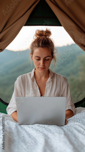 Woman working remotely with laptop in nature