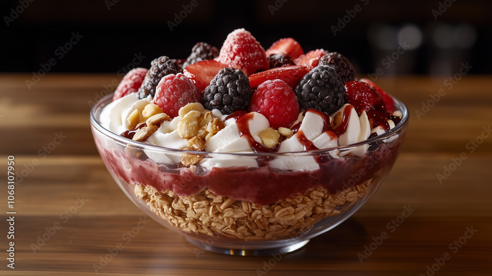 Açai bowl topped with fresh berries and granola in glass dish Açai bowl topped with fresh berries and granola in glass dish