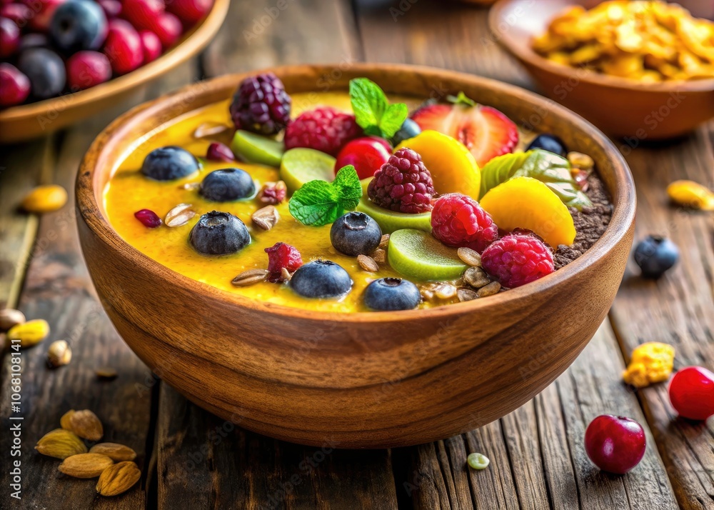 Vibrant Smoothie Bowl with Golden Soy Protein - Trendy Nutritious Breakfast Option for Health Enthusiasts, Colorful Ingredients, Instagrammable Food, Plant-Based Diet Vibrant Smoothie Bowl with Golden Soy Protein - Trendy Nutritious Breakfast Option for Health Enthusiasts, Colorful Ingredients, Instagrammable Food, Plant-Based Diet