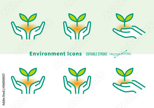 環境アイコン｜芽生えた若葉と土を、手のひらに優しく乗せたイメージ　[線の編集可能]