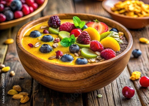 Vibrant Smoothie Bowl with Golden Soy Protein - Trendy Nutritious Breakfast Option for Health Enthusiasts, Colorful Ingredients, Instagrammable Food, Plant-Based Diet