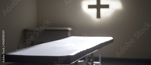 An empty examination table in a shadowed room with a faint medical cross in the background symbolizing limited healthcare resources photo